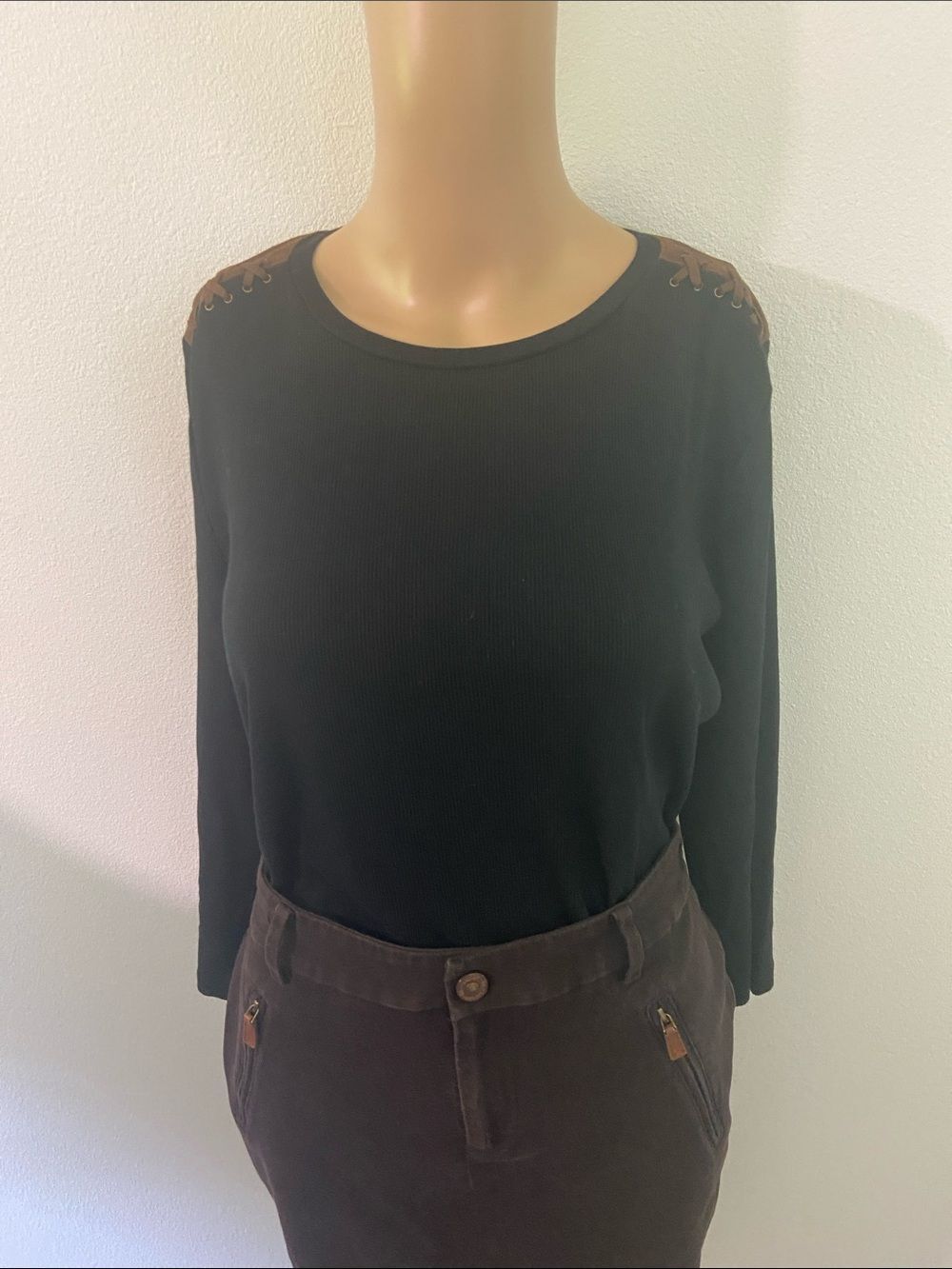 Lauren Ralph Lauren Blk Long-Sleeve Cotton Ribbed Top w/Brown Shoulder Lace-Up S